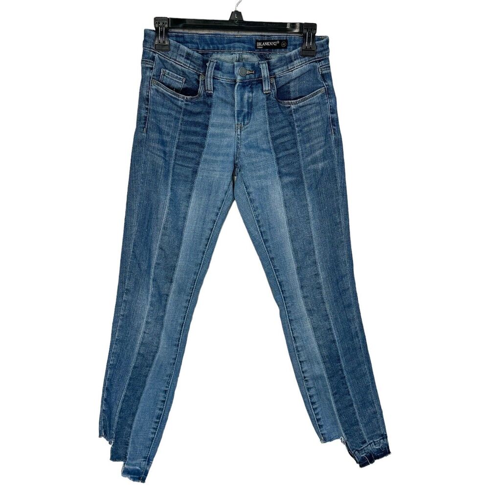 Blank NYC SZ 25 High & Low Skinny Crop Jeans Patchwork Zip-Fly Frayed Step Hem